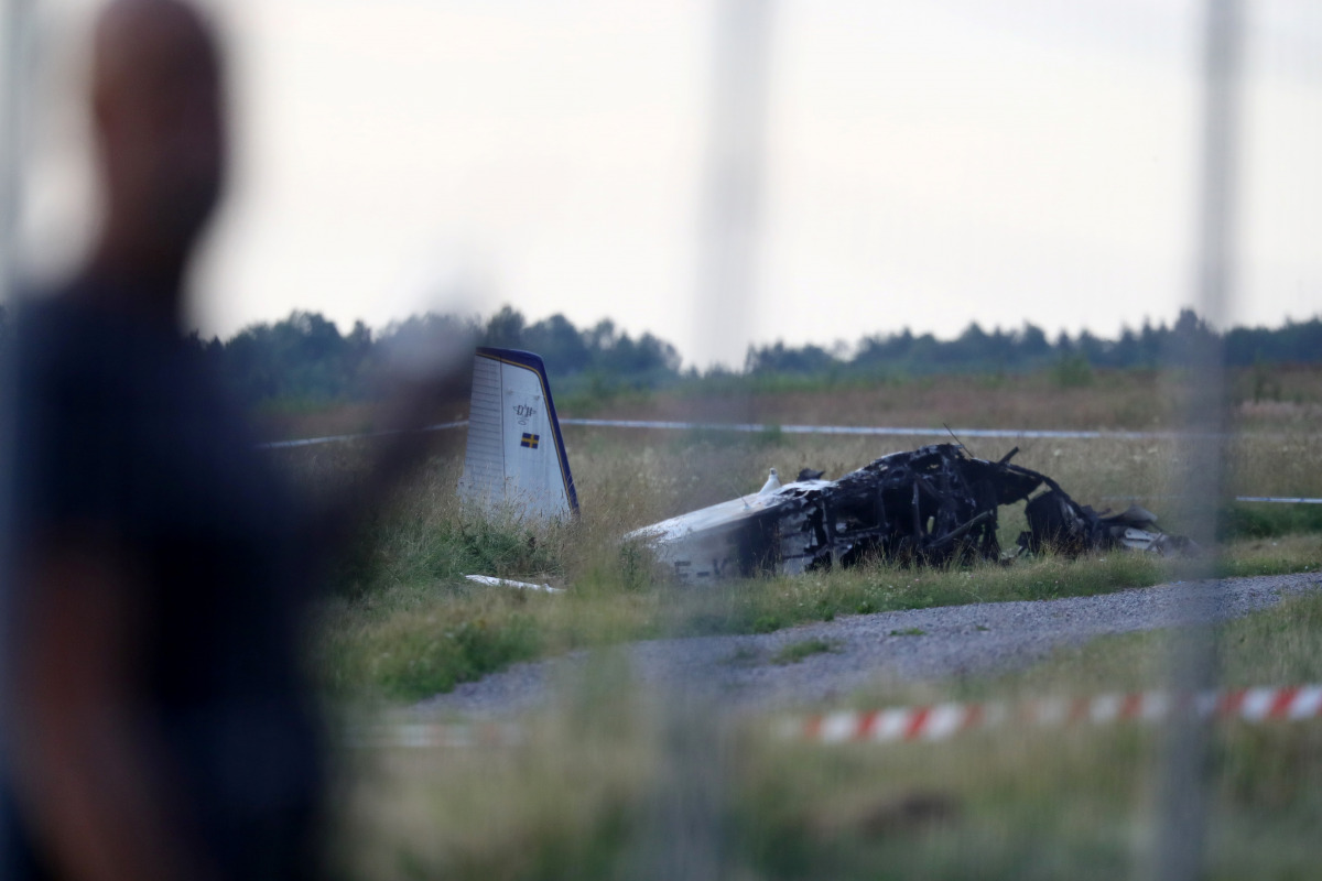 A small aircraft is seen after crashing at Orebro Airport, Orebro, Sweden, July 8 2021. TT News Agency/Jeppe Gustafsson via REUTERS