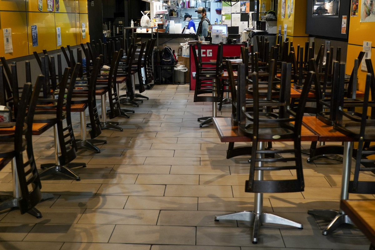 Chairs are stacked on tables inside a city centre restaurant serving takeaway but closed for dine-in during a lockdown to curb the spread of a coronavirus disease (covid-19) outbreak in Sydney, Australia, July 12, 2021. REUTERS/Loren Elliott
