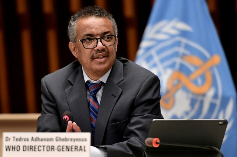 FILE PHOTO: World Health Organization (WHO) Director-General Tedros Adhanom Ghebreyesus attends a news conference in Geneva Switzerland July 3, 2020. Fabrice Coffrini/Pool via REUTERS//File Photo
