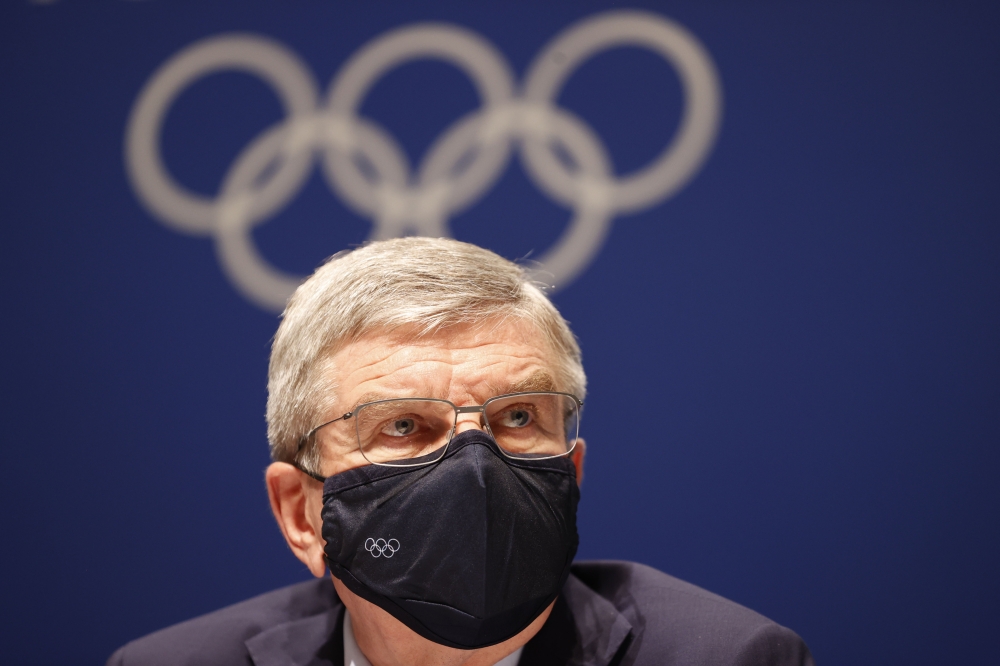 July 17, 2021 International Olympic Committee (IOC) President Thomas Bach during the news conference REUTERS/Phil Noble