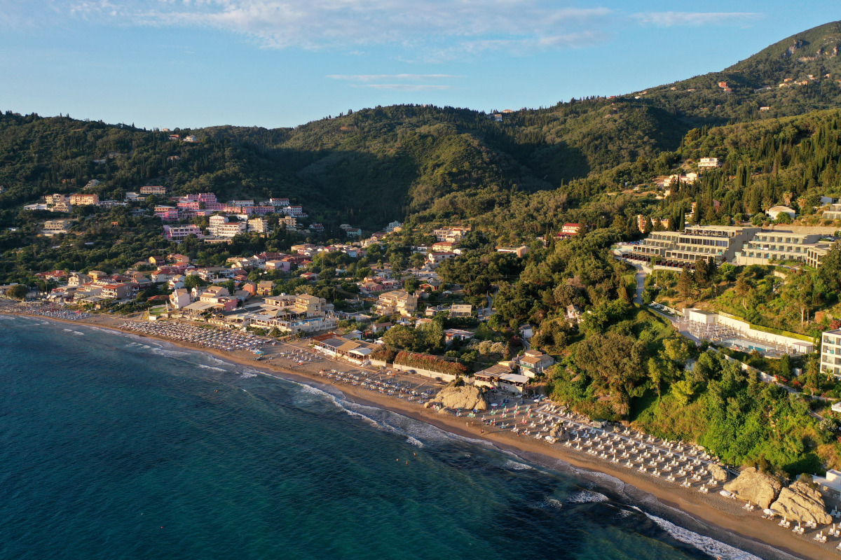 Aerial view of Agios Gordios beach in Corfu, Greece July 19, 2021. Picture taken with a drone. REUTERS/Adonis Skordilis
