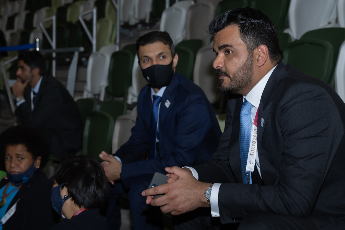 H E Sheikh Joaan bin Hamad Al Thani, Qatar Olympic Committee (QOC) President, and QOC Secretary-General Jassim bin Rashid Al Buenain attending the opening ceremony of the Tokyo 2020 Olympics at the Olympic Stadium in Tokyo, yesterday.