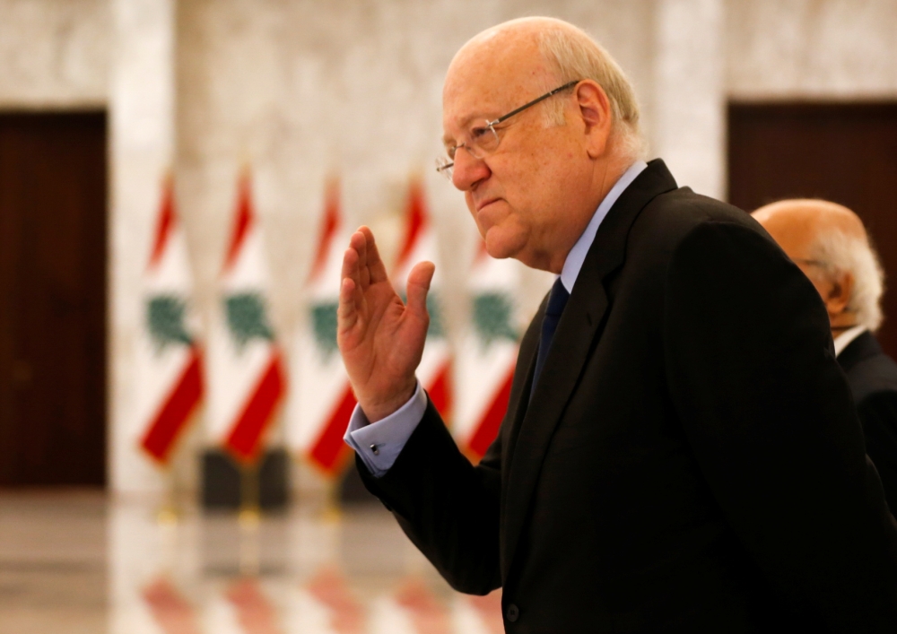 Leading businessman Najib Mikati gestures at the presidential palace in Baabda, Lebanon July 26, 2021. Reuters/Mohamed Azakir