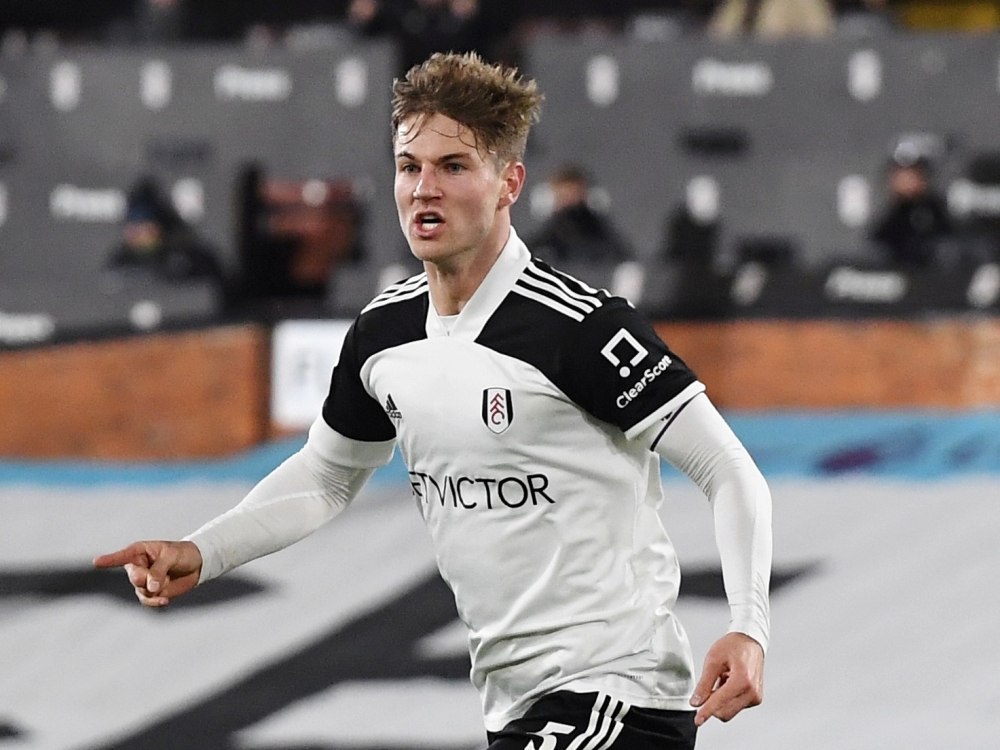 March 19, 2021 Fulham's Joachim Andersen celebrates scoring their first goal Pool via REUTERS/Andy Rain