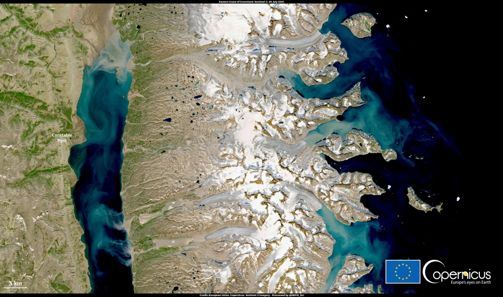 This image, acquired by one of the Copernicus Sentinel-2 satellites, shows the very significant discharge of sediment into the Arctic Ocean by glaciers melting around Constable Pynt as a result of unusually high temperatures, Greenland July 28, 2021. Euro