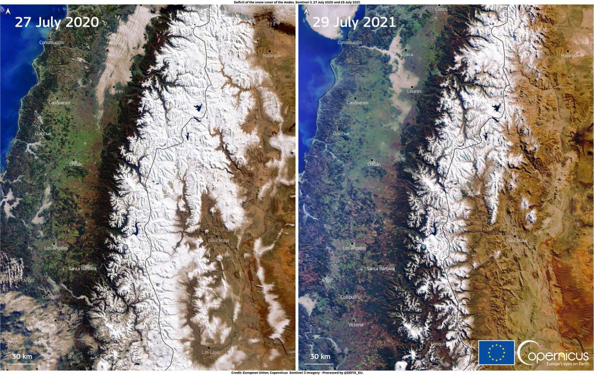 FILE PHOTO: A combination of images, acquired by one of the Copernicus Sentinel-3 satellites, shows the snow deficit affecting the Andes Mountain range in South America. Pictures taken July 27, 2020 and July 29, 2021. European Union, Copernicus Sentinel-3