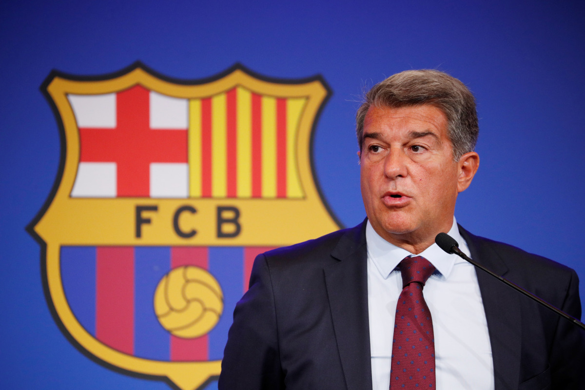 Soccer Football - FC Barcelona Press Conference - 1899 Auditorium, Barcelona, Spain - August 6, 2021 FC Barcelona president Joan Laporta during the press conference REUTERS/Albert Gea
