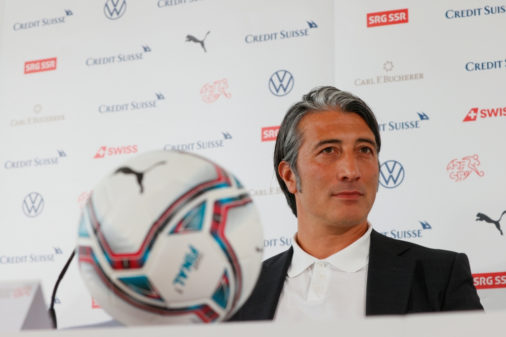 Newly appointed coach of the Swiss soccer team, Murat Yakin, attends a news conference in Bern, Switzerland August 9, 2021. REUTERS/Denis Balibouse