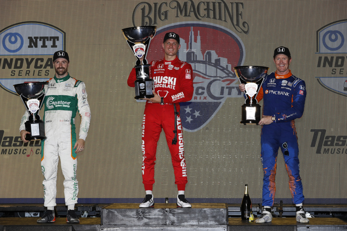 The podium winners: Marcus Ericsson, Scott Dixon and James Hinchcliffe