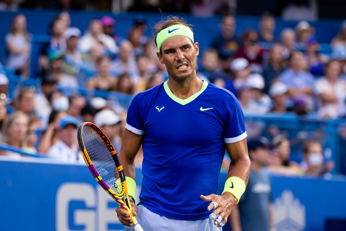 FILE PHOTO: Aug 4, 2021; Washington, DC, USA; Rafael Nadal of Spain reacts during the Citi Open at Rock Creek Park Tennis Center. Scott Taetsch-USA TODAY Sports/File Photo/Reuters
