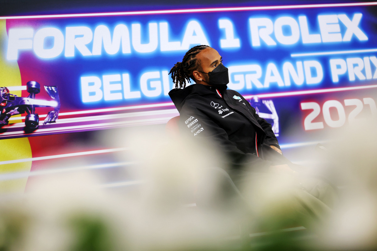 Formula One F1 - Belgian Grand Prix - Spa-Francorchamps, Spa, Belgium - August 26, 2021 Mercedes' Lewis Hamilton in the FIA Press Conference FIA/Handout via REUTERS