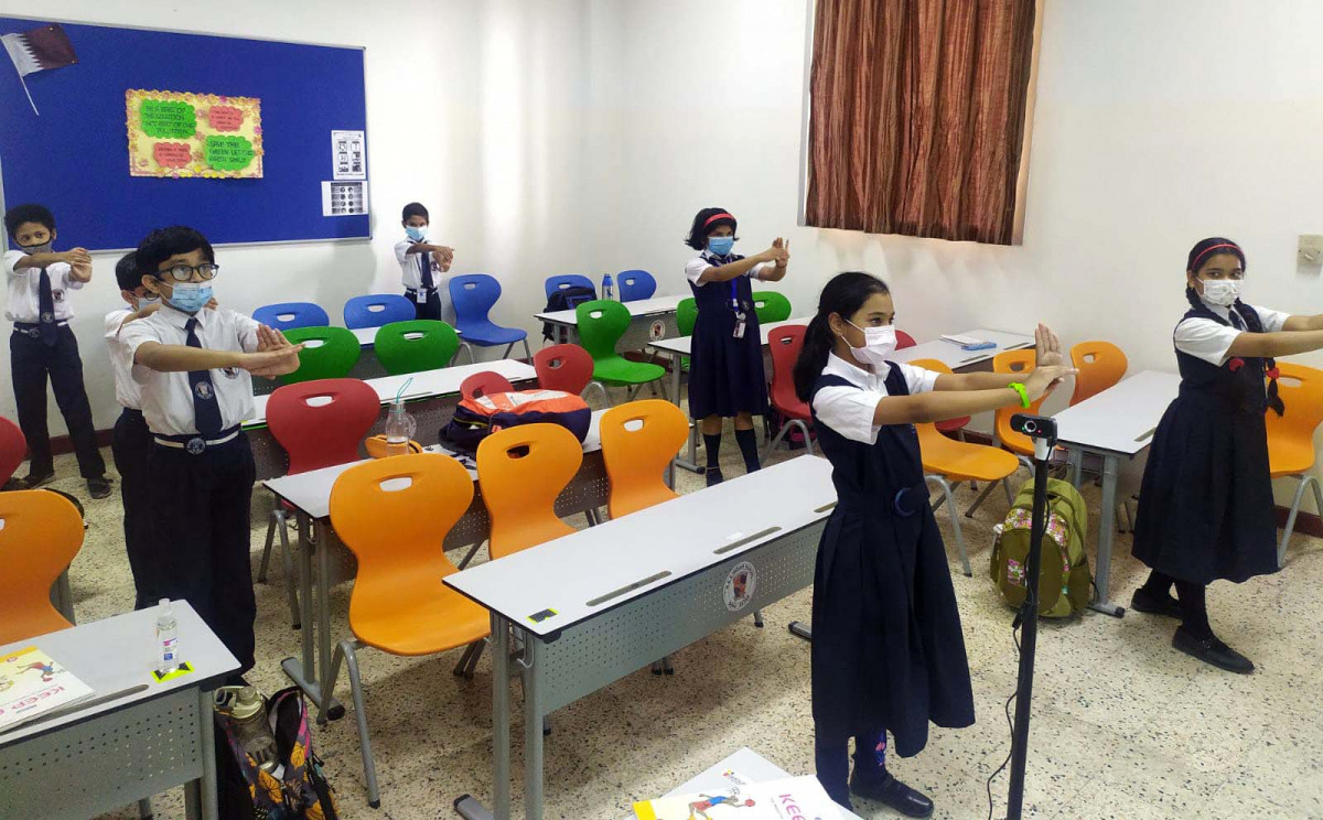 MES Indian school students during an event organised to mark National Sports Day of India.