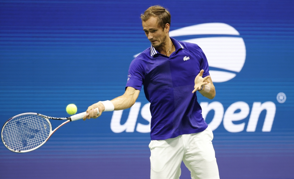 Daniil Medvedev of Russia returns a shot Richard Gasquet of France in the first round on day one of the 2021 U.S. Open tennis tournament at USTA Billie King National Tennis Center. Jerry Lai-USA TODAY Sports