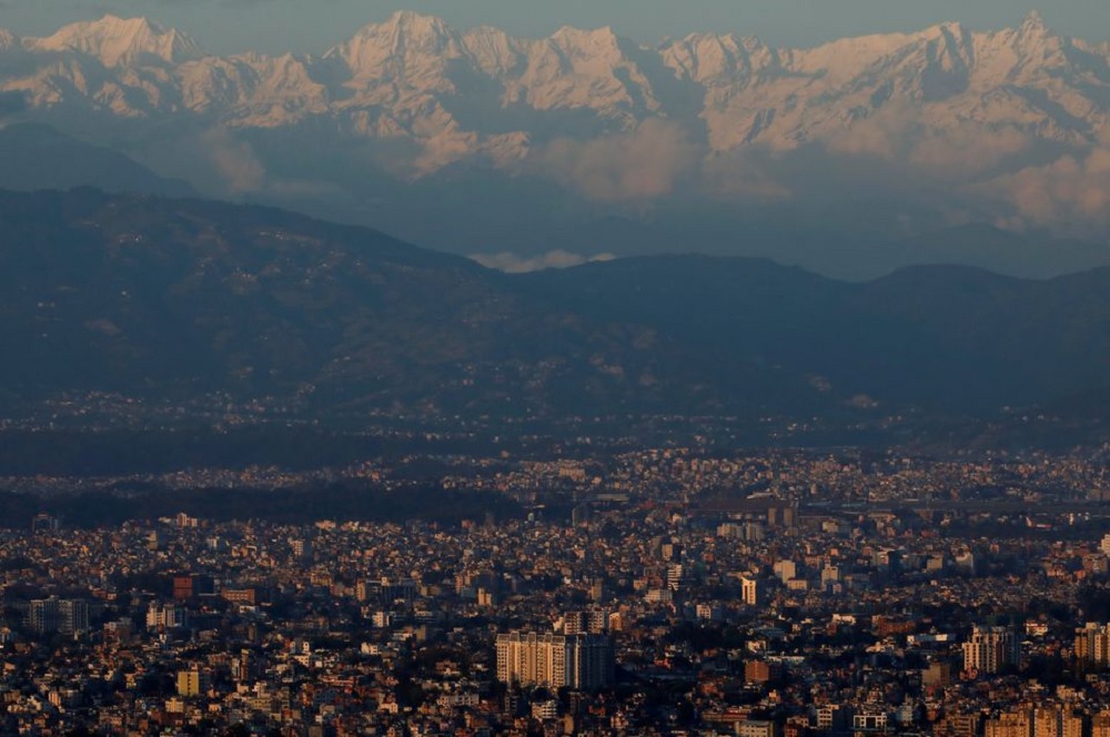 Mountains are pictured above the portion of Kathmandu Valley as pollution level drops on the forty-second day of the lockdown imposed by the government amid concerns about the spread of the coronavirus disease (COVID-19) outbreak, in Kathmandu, Nepal May 