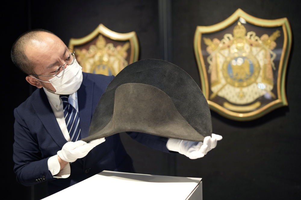 A bicorne winter campaign hat that belonged to late French Emperor Napoleon Bonaparte is displayed ahead of an auction at Bonhams in Hong Kong, China, September 3, 2021. Picture taken September 3, 2021. Reuters/Tyrone Siu