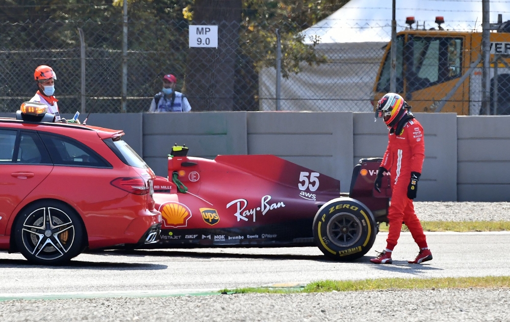 Ferrari's Carlos Sainz Jr. after crashing during practice REUTERS/Jennifer Lorenzini