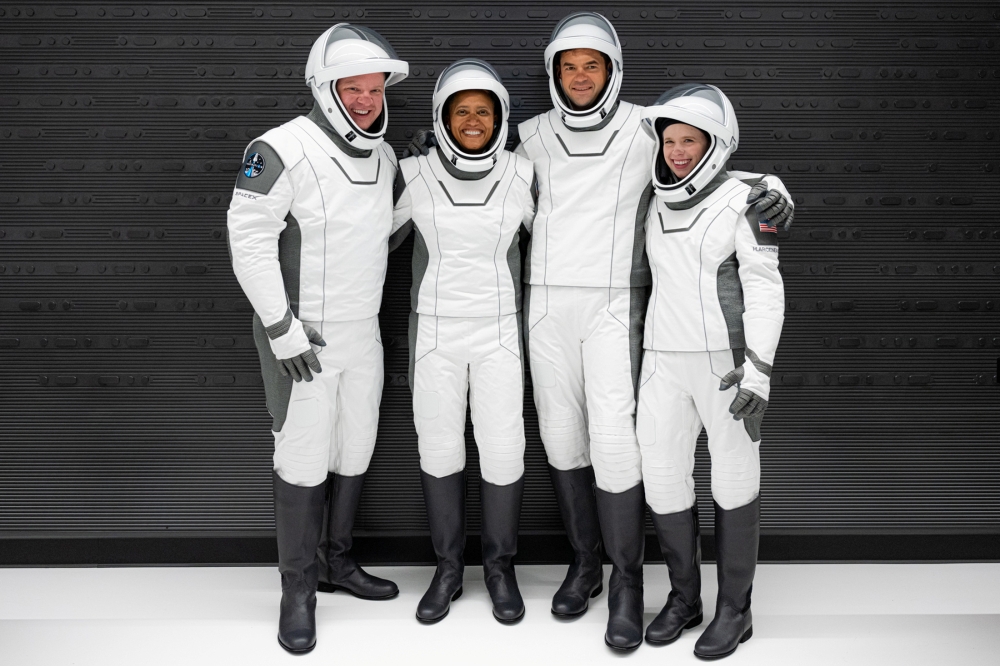 The Inspiration4 crew of Chris Sembroski, Sian Proctor, Jared Isaacman and Hayley Arceneaux poses while suited up for a launch rehearsal in Cape Canaveral, Florida September 12, 2021. Inspiration4/John Kraus/Handout via Reuters