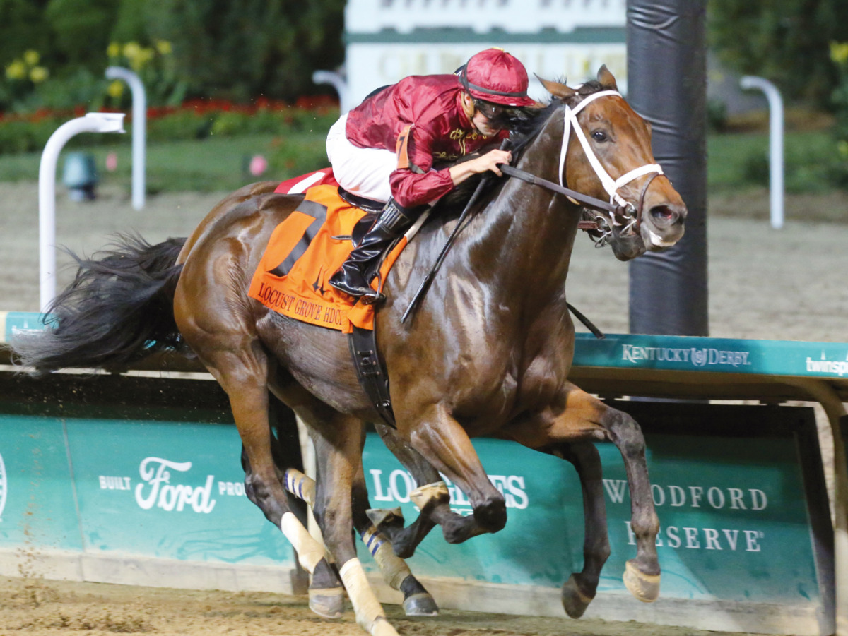 Shedaresthedevil, with Florent Geroux in the saddle, reaches the finish line to win at Churchill Downs in Louisville, Kentucky, USA. 