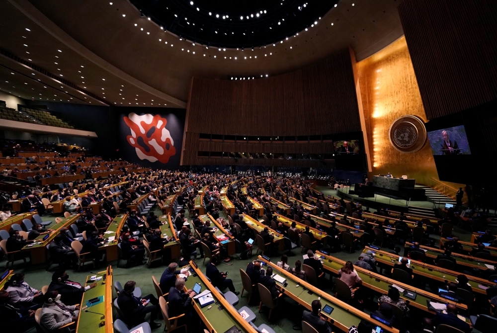 United Nations Secretary-General Antonio Guterres speaks during the 76th Session of the General Assembly at UN Headquarters in New York on September 21, 2021. Timothy A. Clary/Pool via Reuters