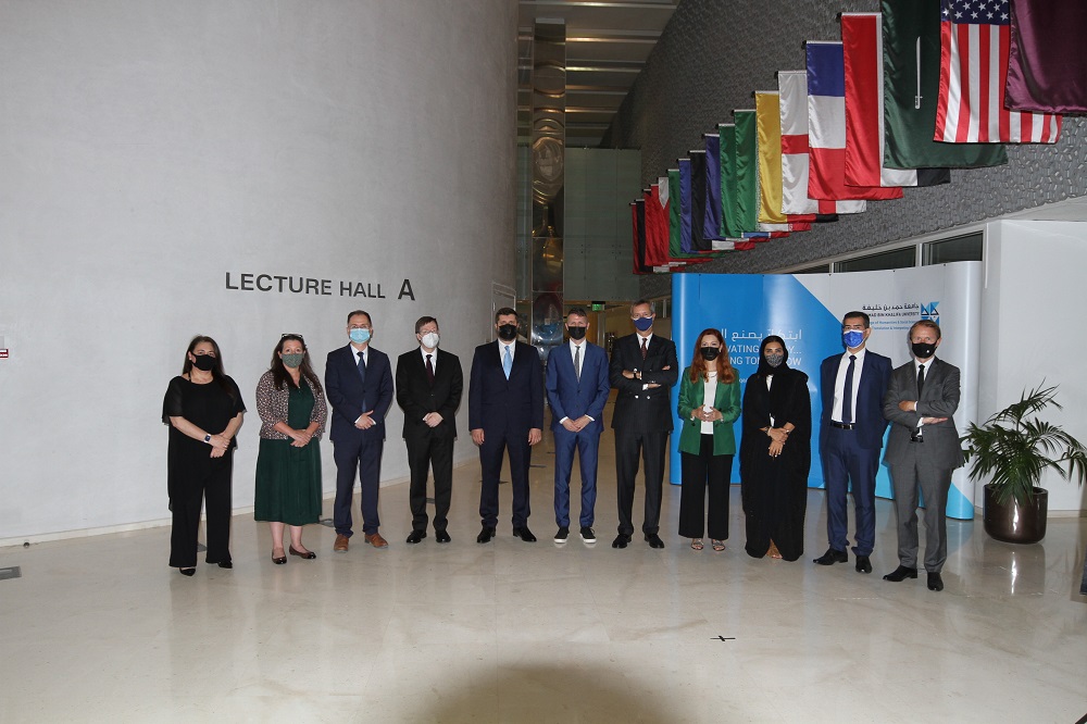 Dean of the College of Humanities and Social Sciences at HBKU, Dr. Amal Mohammed Al Malki, with members of EU delegations at an event to mark European Day of Languages, yesterday. 