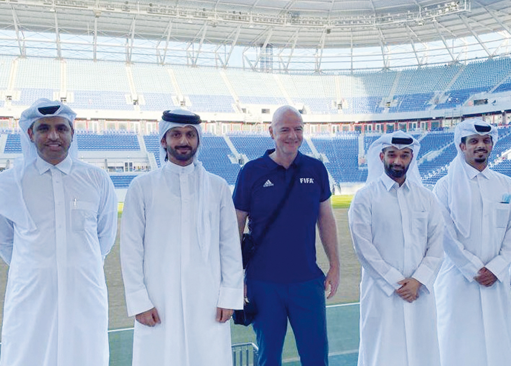 FIFA President Gianni Infantino and Secretary-General of the Supreme Committee for Delivery & Legacy, Hassan Al Thawadi, along with other officials at Ras Abu Aboud Stadium — a FIFA World Cup Qatar 2022 venue. Infantino visited the stadium, that will be i