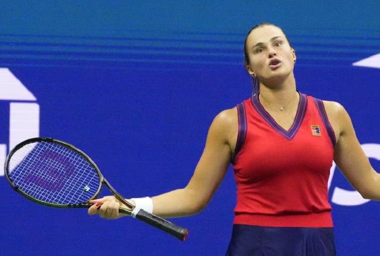 Sep 9, 2021; Flushing, NY, USA; Aryna Sabalenka of Belarus reacts after losing a point against Leylah Fernandez of Canada (not pictured)on day eleven of the 2021 U.S. Open tennis tournament at USTA Billie Jean King National Tennis Center. / Robert Deutsch
