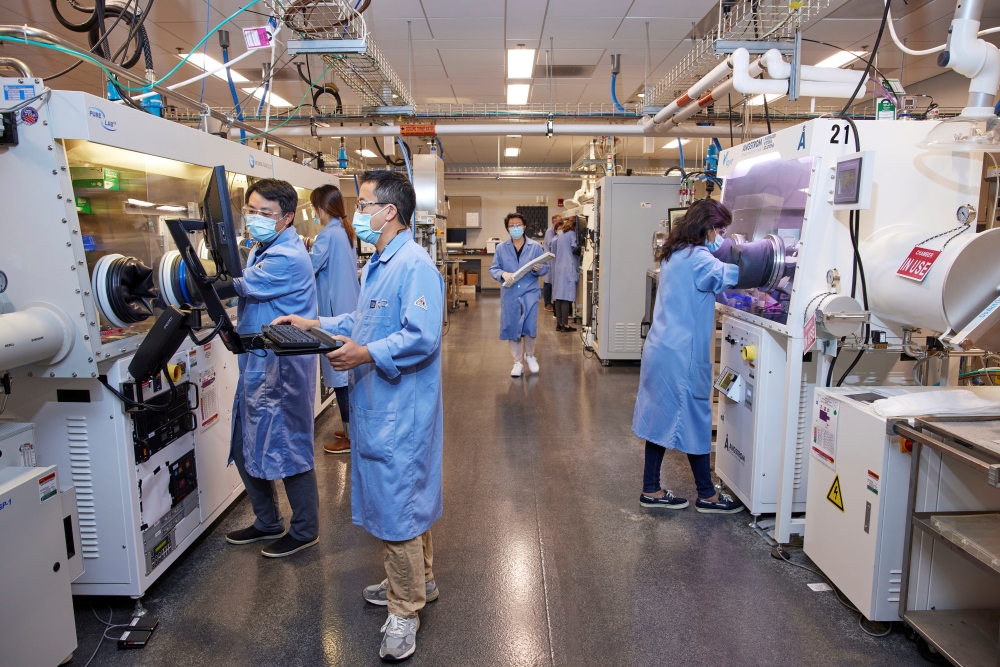 GM R&D Battery Cell Systems Research Director Mei Cai, Ph.D., oversees engineers developing coating materials for next-generation battery prototypes in the coating lab at GM's Global Technical Center in Warren, Michigan, U.S., in an undated photograph. Ge