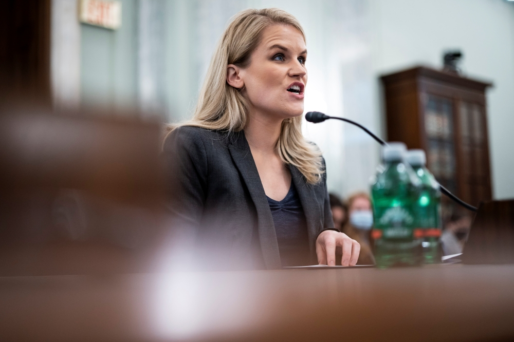 Former Facebook employee and whistleblower Frances Haugen testifies during a Senate Committee on Commerce, Science, and Transportation hearing entitled 'Protecting Kids Online: Testimony from a Facebook Whistleblower' on Capitol Hill, in Washington, U.S.,