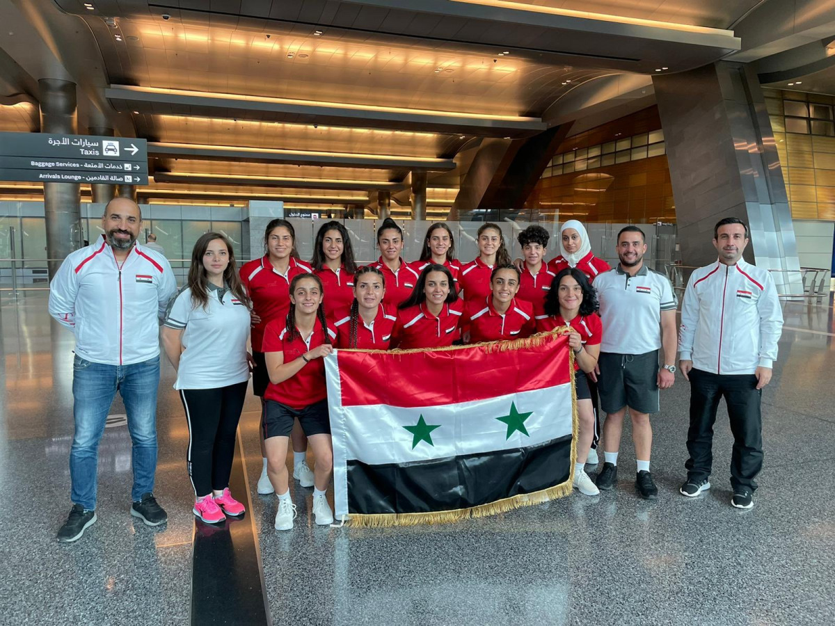 Syrian women's team poses for a photo after arriving in Doha to compete in West Asia Rugby 7s.