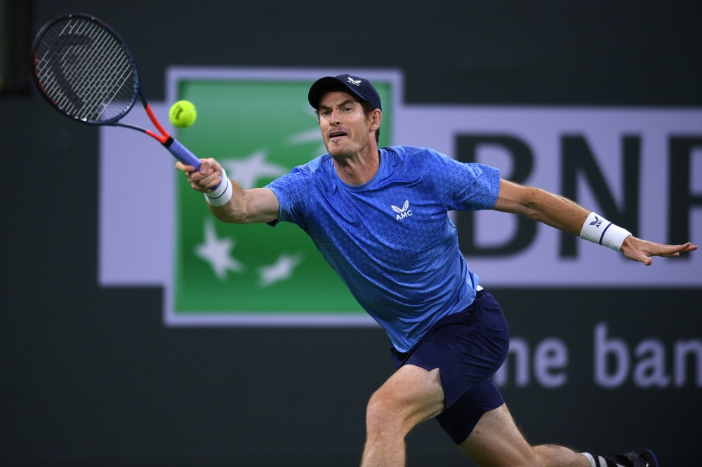 Andy Murray (GBR) hits a shot against Adrian Mannarino (FRA) at Indian Wells Tennis Garden. Orlando Ramirez-USA TODAY Sports