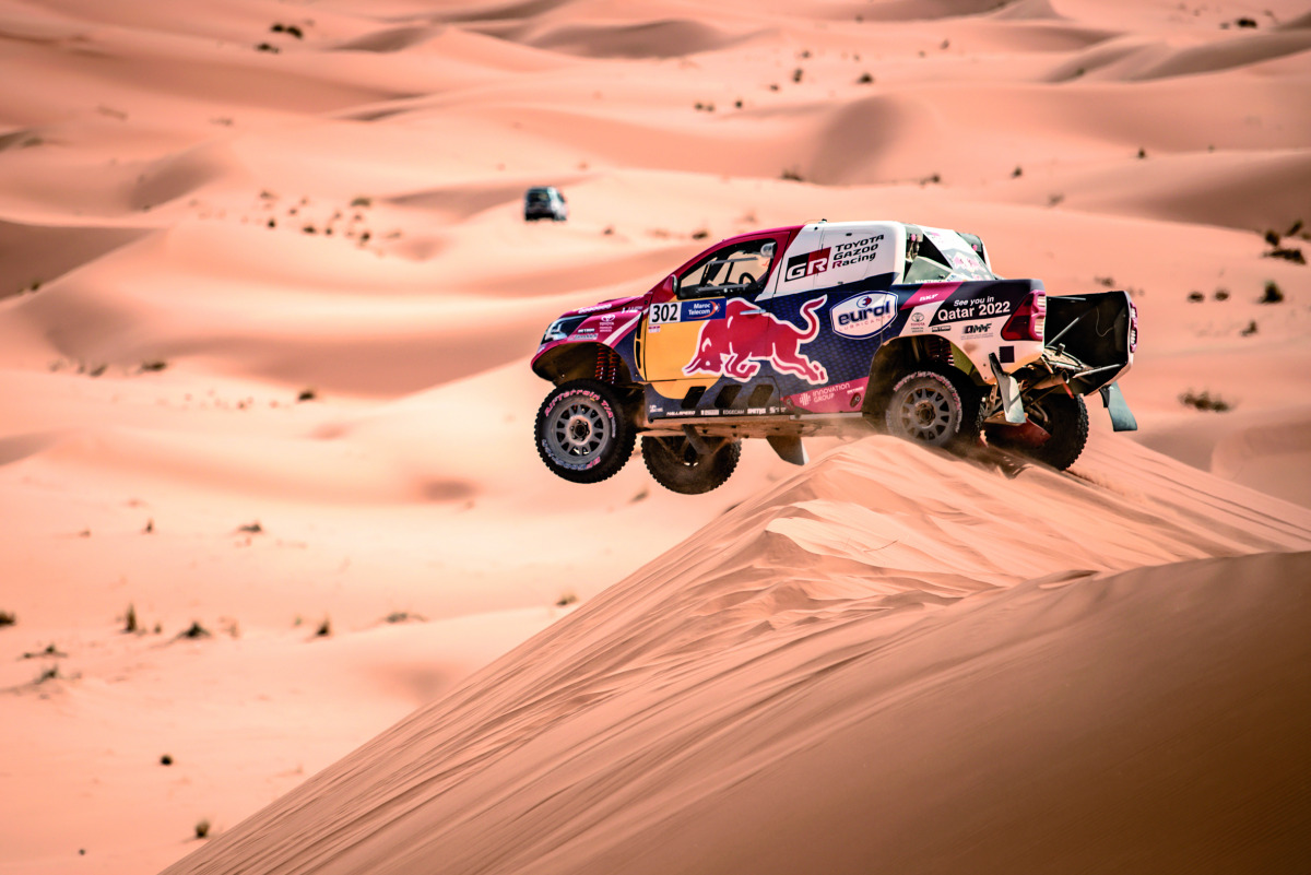 Qatar's Nasser Al Attiyah and navigator Mathieu Baumel in action during the third stage of Rally of Morocco, yesterday.
