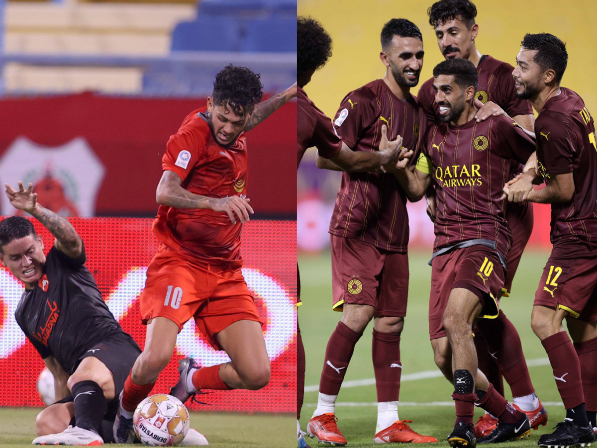(Left) Al Rayyan's James Rodriguez and Al Duhail's Paulo Edmilson in action; and Al Sadd's Hassan Al Haydos celebrates with team-mates after scoring a goal.