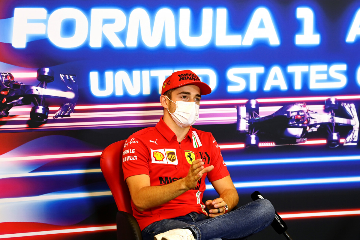 Ferrari's Charles Leclerc during the press conference FIA/Handout via REUTERS