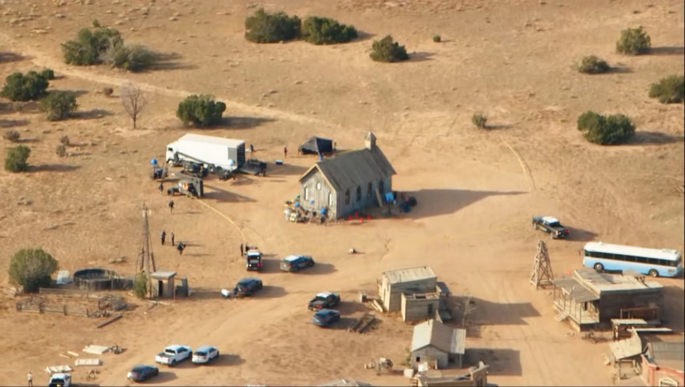An aerial view of the film set on Bonanza Creek Ranch where Hollywood actor Alec Baldwin fatally shot cinematographer Halyna Hutchins and wounded a director when he discharged a prop gun on the movie set of the film 