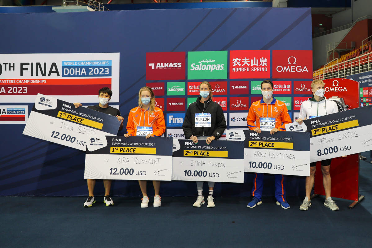 Top performing swimmers pose for a photograph at the end of the Doha meet at the  Hamad Aquatic Center, yesterday. Pictures: Ahmed Oukda / QSA