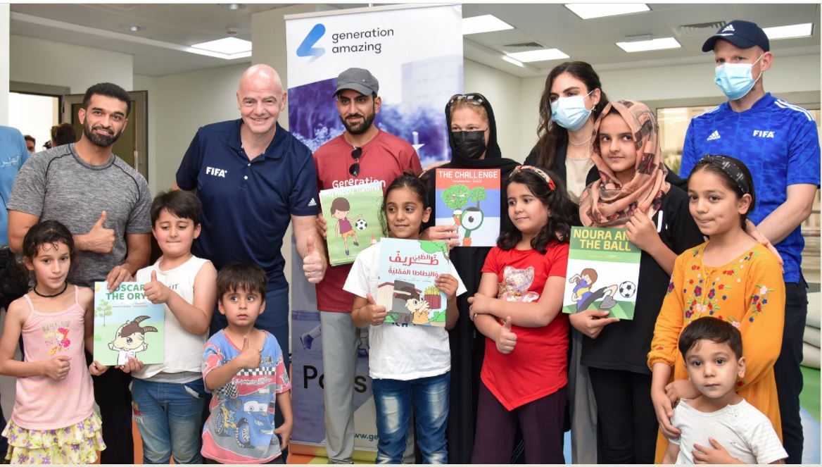 FIFA President Gianni Infantino, Secretary General at Supreme Committee for Delivery & Legacy Hassan Al Thawadi, and other officials during a recent visit to residential compound hosting a number of evacuees from Afghanistan.