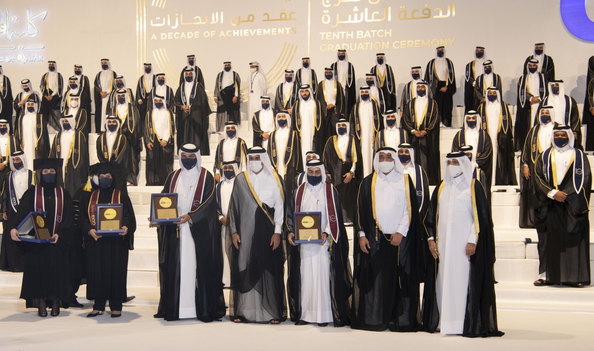 Prime Minister and Minister of Interior H E Sheikh Khalid bin Khalifa bin Abdulaziz Al Thani during the graduation ceremony of 10th batch of associate’s and bachelor’s degree holders at the Community College of Qatar, yesterday. 