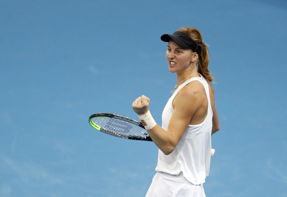 November 5, 2021 Russian Tennis Federation's Liudmila Samsonova reacts in her match against Sloane Stephens of the U.S. during the semi final REUTERS/David W Cerny