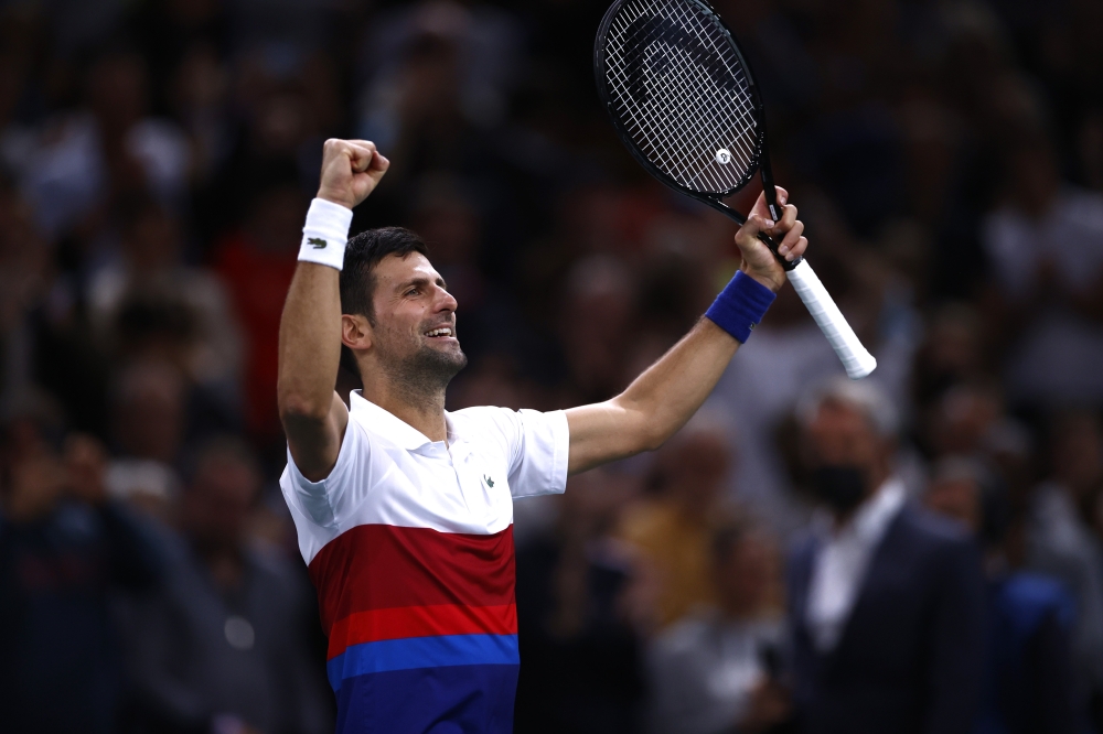 November 5, 2021 Serbia's Novak Djokovic celebrates winning his quarter final match against Taylor Fritz of the U.S. REUTERS/Christian Hartmann