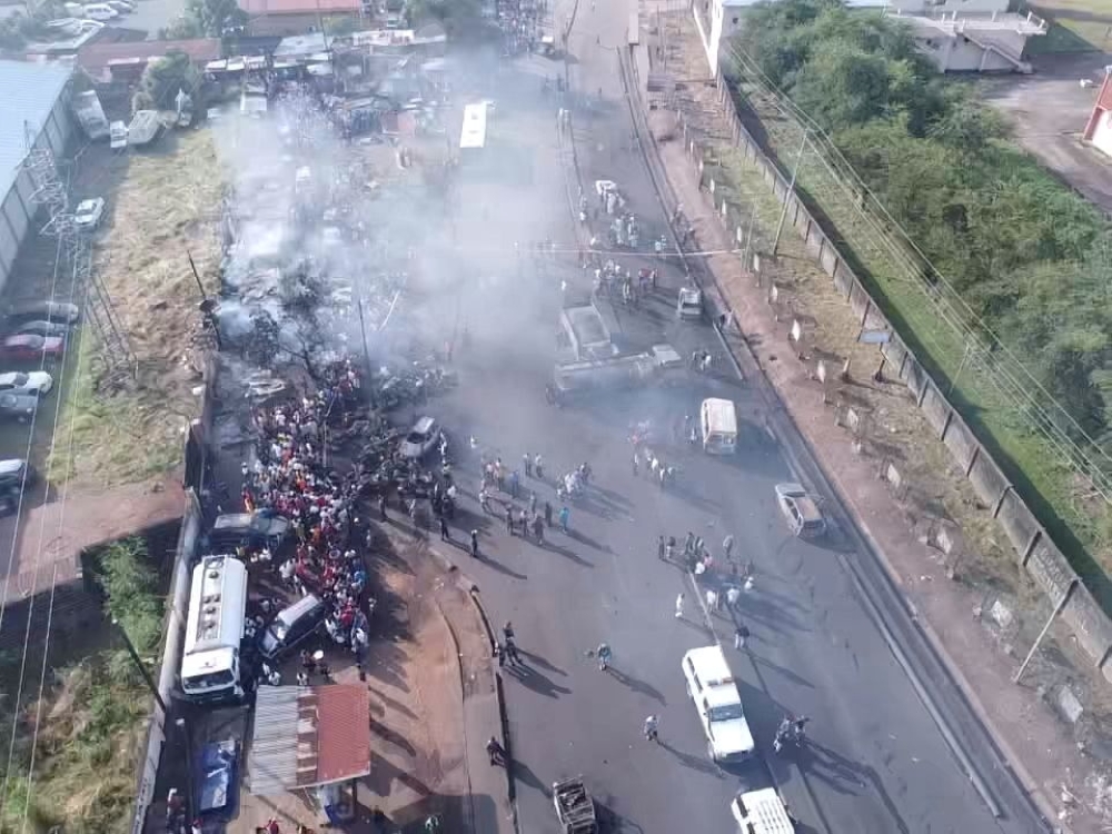 An accident scene is pictured after a fuel tanker explosion in Freetown, Sierra Leone November 6, 2021. Picture taken with a drone. National Disaster Management Agency-Sierra Leone