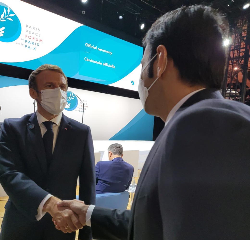 Minister of Culture H E Sheikh Abdulrahman bin Hamad bin Jassim bin Hamad Al Thani meeting French President H E Emmanuel Macron at the Paris Peace Forum, in Paris, France.