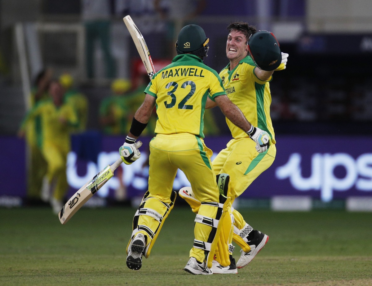 Australia's Mitchell Marsh and Glenn Maxwell celebrate winning the ICC Men's T20 World Cup REUTERS/Hamad I Mohammed
