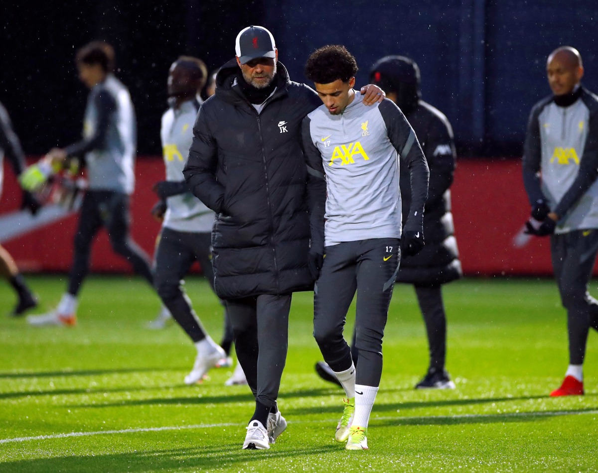 Liverpool manager Juergen Klopp with Curtis Jones during training Action Images via Reuters/Jason Cairnduff/File Photo

