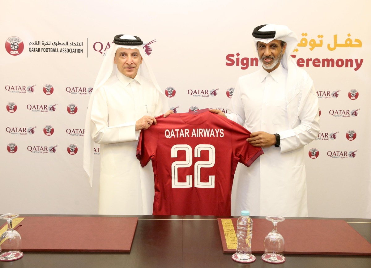 Qatar Airways Group Chief Executive H E Akbar Al Baker and Qatar Football Association President Sheikh Hamad bin Ahmed Al Thani after the sponsorship signing ceremony yesterday.