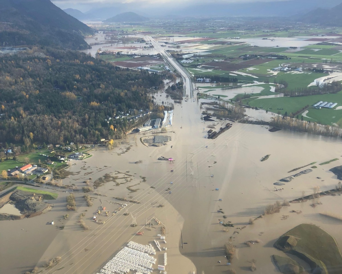Flood waters cover the Trans Canada Highway 1, in an aerial view taken near Abbotsford, British Columbia, Canada, November 16, 2021. Picture taken November 16, 2021. BC Hydro via REUTERS