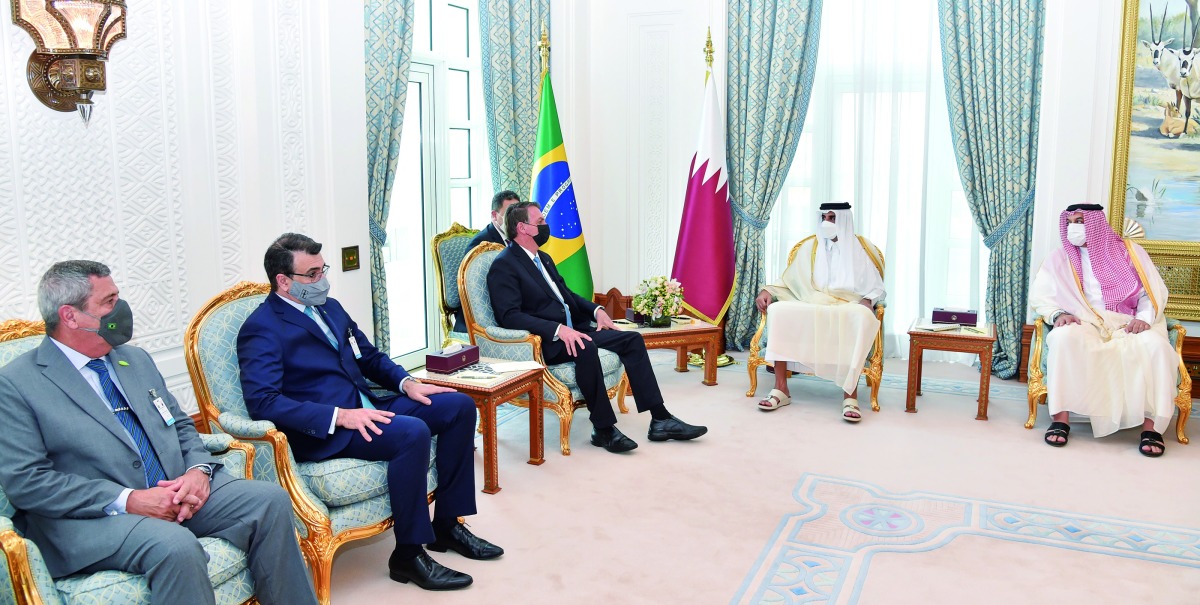 Amir H H Sheikh Tamim bin Hamad Al Thani and President of Brazil H E Jair Bolsonaro holding official talks at the Amiri Diwan yesterday.
