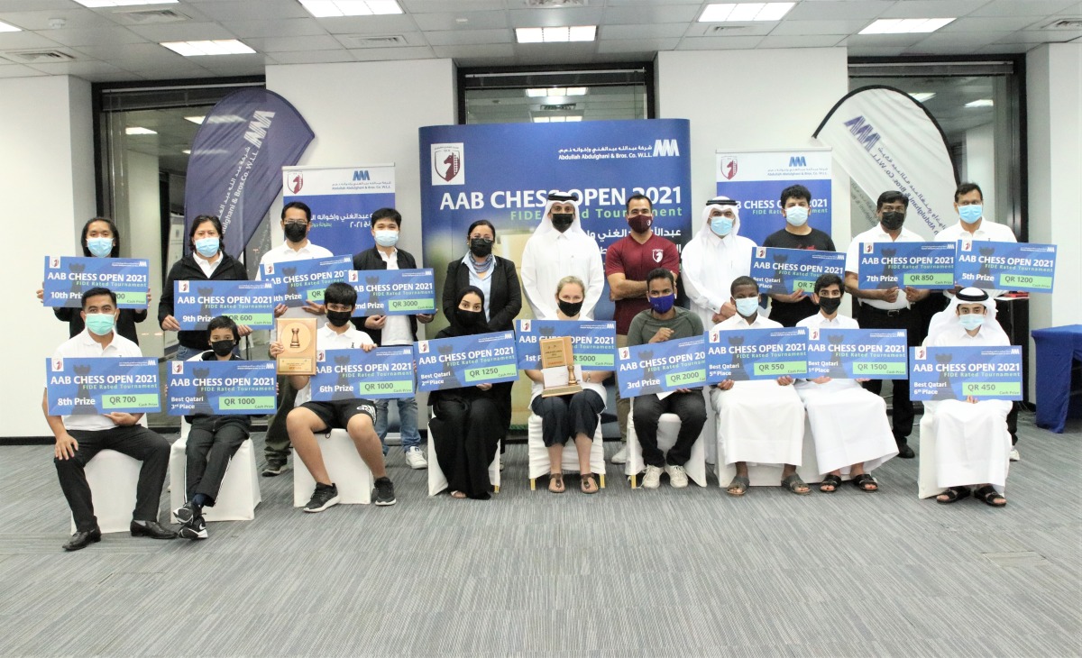 The winners of the AAB Chess Open FIDE Rated Tournament Edition 5 and officials pose for a photograph.