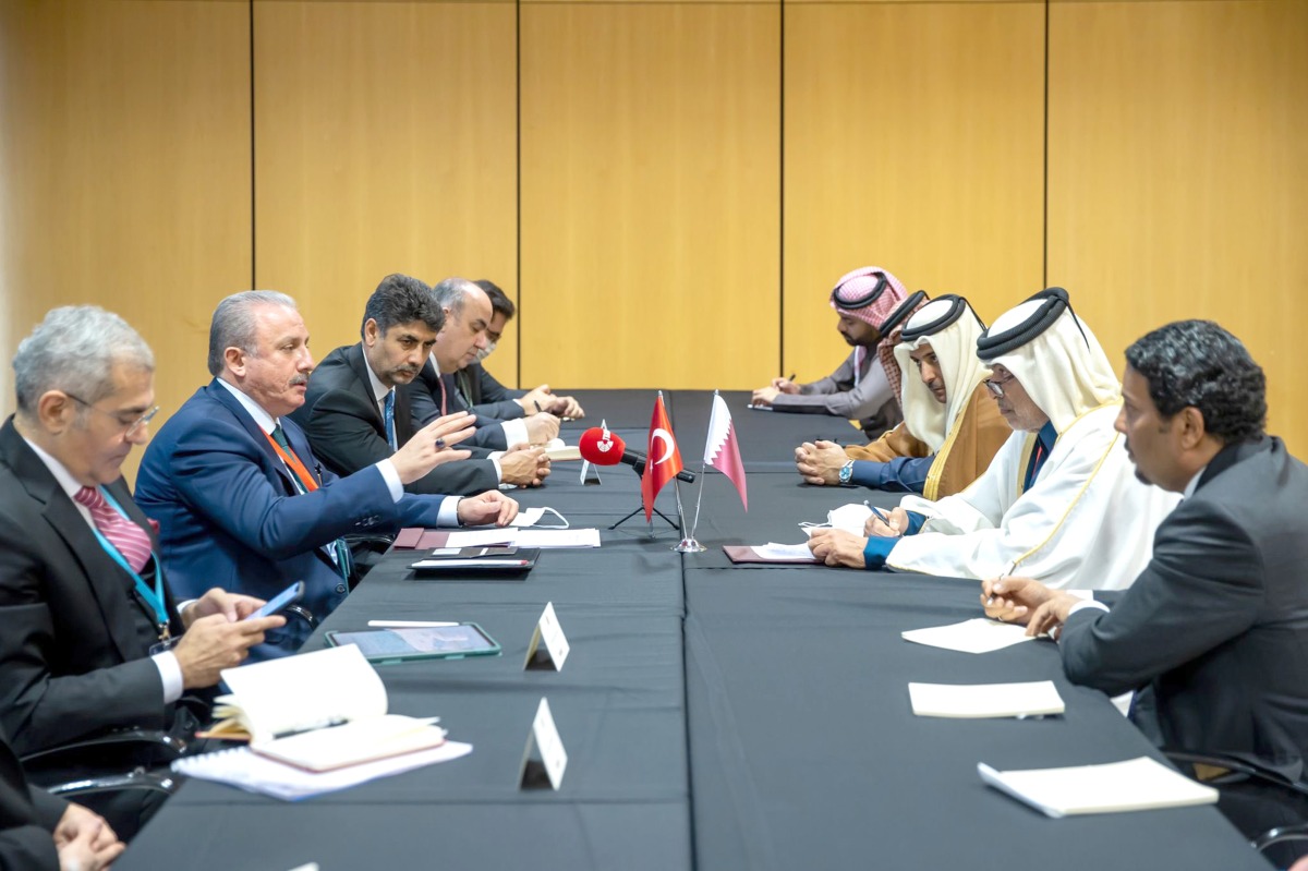 Speaker of the Shura Council H E Hassan bin Abdullah Al Ghanim holding talks with Speaker of the Grand National Assembly of Turkey, Mustafa Sentop, in Madrid, yesterday.
