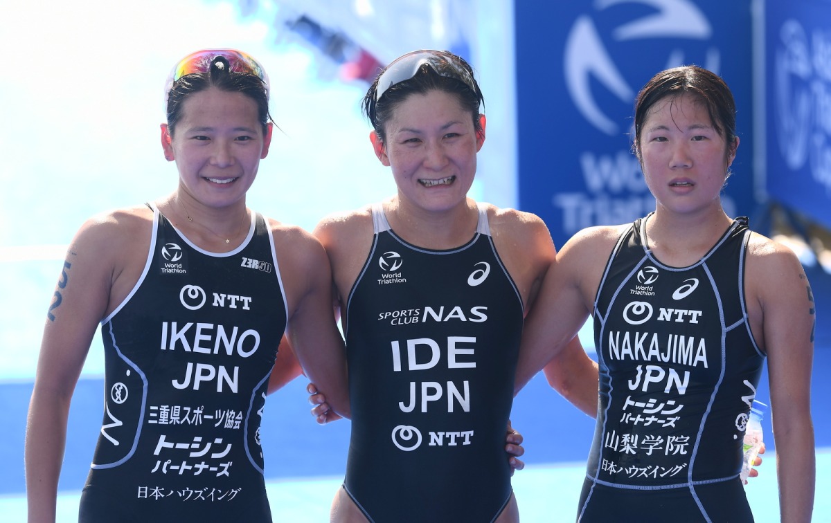 Japan’s Juri Ide (centre) is seen with countrywomen Minori Ikeno (left) and Chisato Nakajima after winning the Elite Race of the QNB Asia Triathlon Cup Doha at the Lusail Marina.

