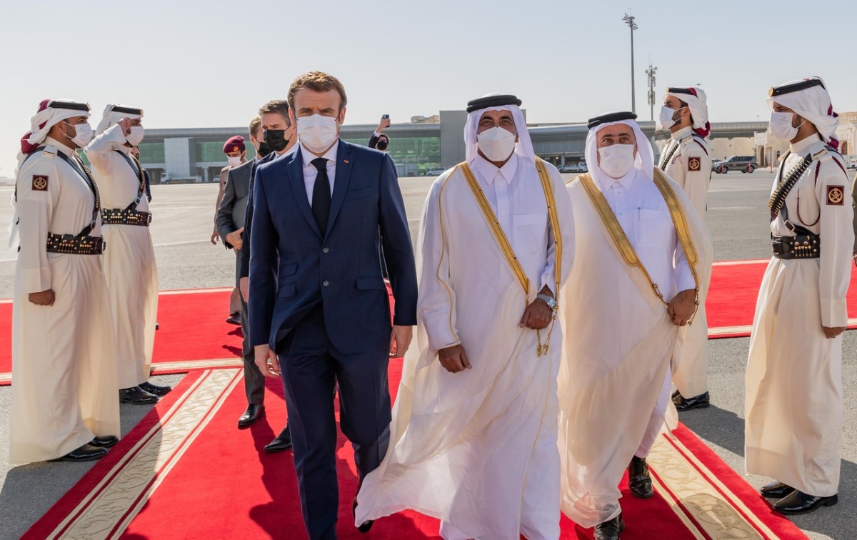 French President H E Emmanuel Macron departing Doha yesterday, after concluding his visit to the country. Minister of Transport H E Jassim bin Saif Al Sulaiti saw the French President off at Doha International Airport
